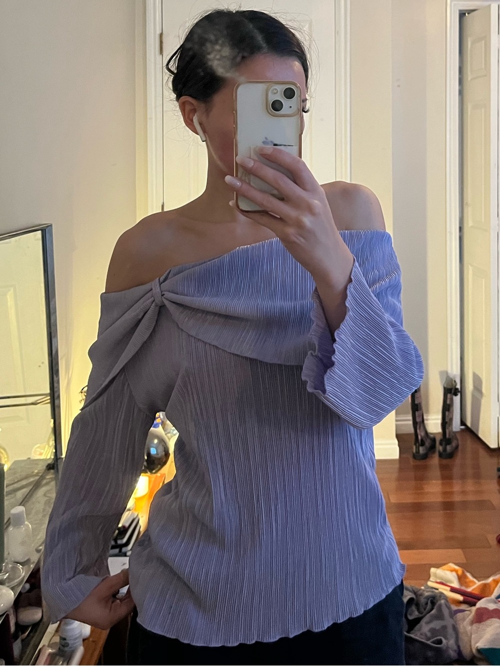 Lilac Pleated Off the Shoulder Top
